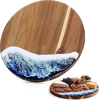 Hushee Acacia Wood Cutting Board with Blue Resin Wave, 11 Inch Round Decorative Charcuterie Board, Dual-sided Cheese Serving Tray for Mother's Day, Housewarming Birthday Kitchen Decoration