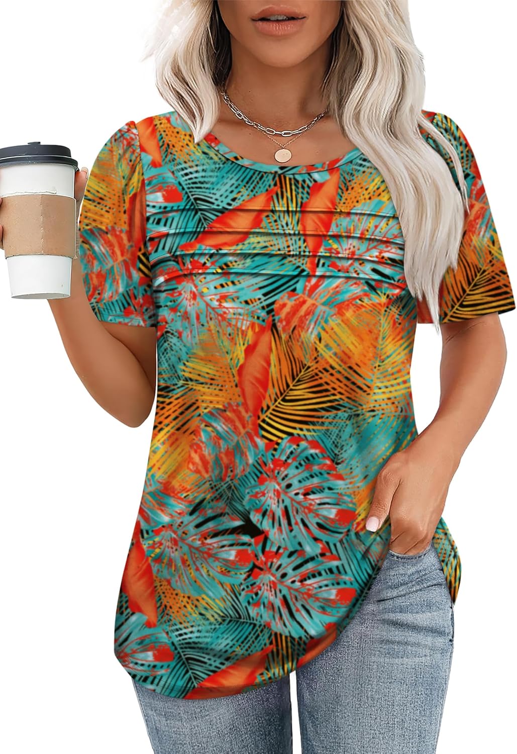 OFEEFAN Womens T Shirts Short Sleeve Tops Dressy Casual Blouses Spring Summer Outfits Flowy Pleated Front Scooped Neck - Image 2