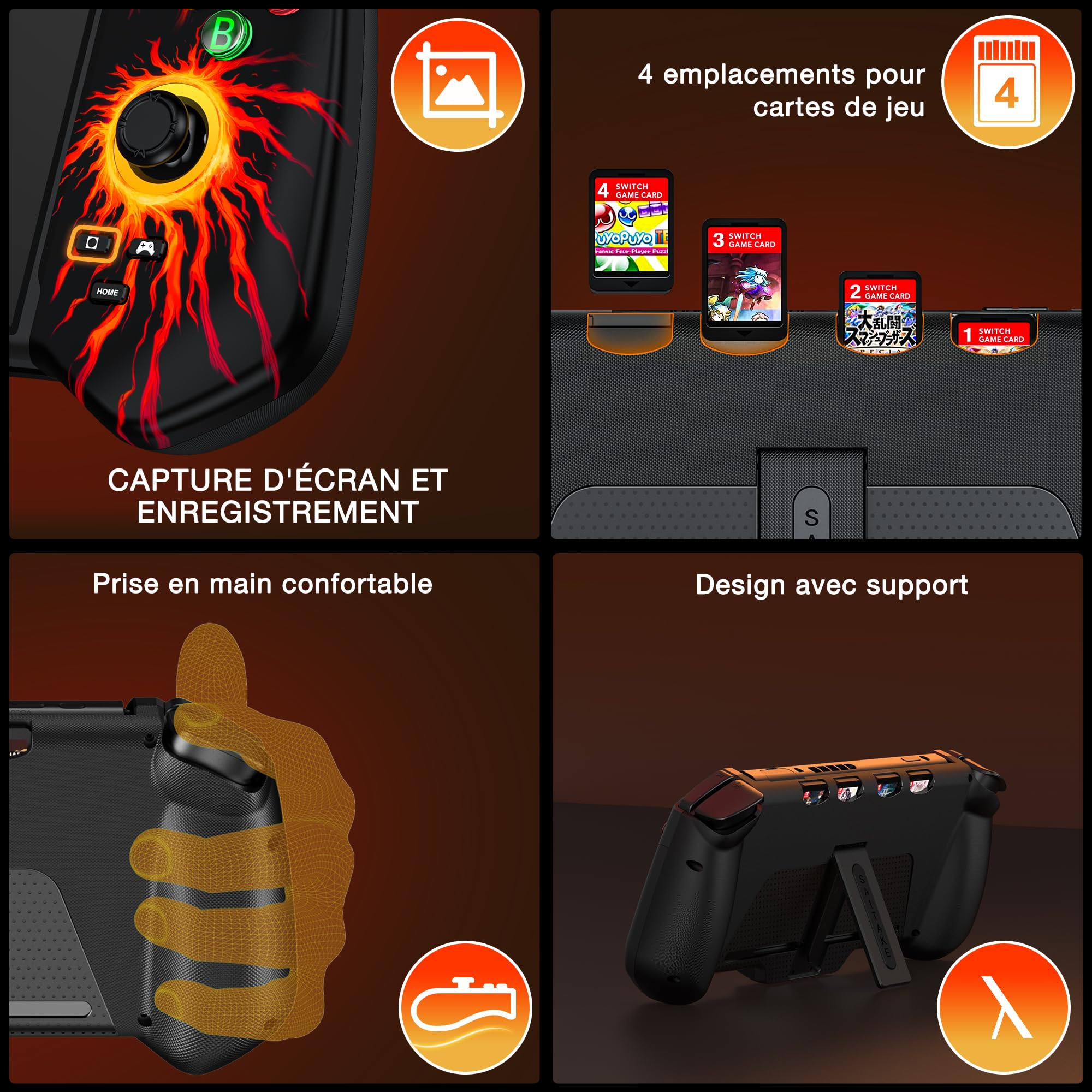 HASACOOL Manette Switch, Switch Manette pour Switch/OLED Mode Portable avec Bâtons à Effet Hall/Turbo/Support de Table/Gyroscope à 6 Axes, Grande Poignée Manette de Switch(Feu)