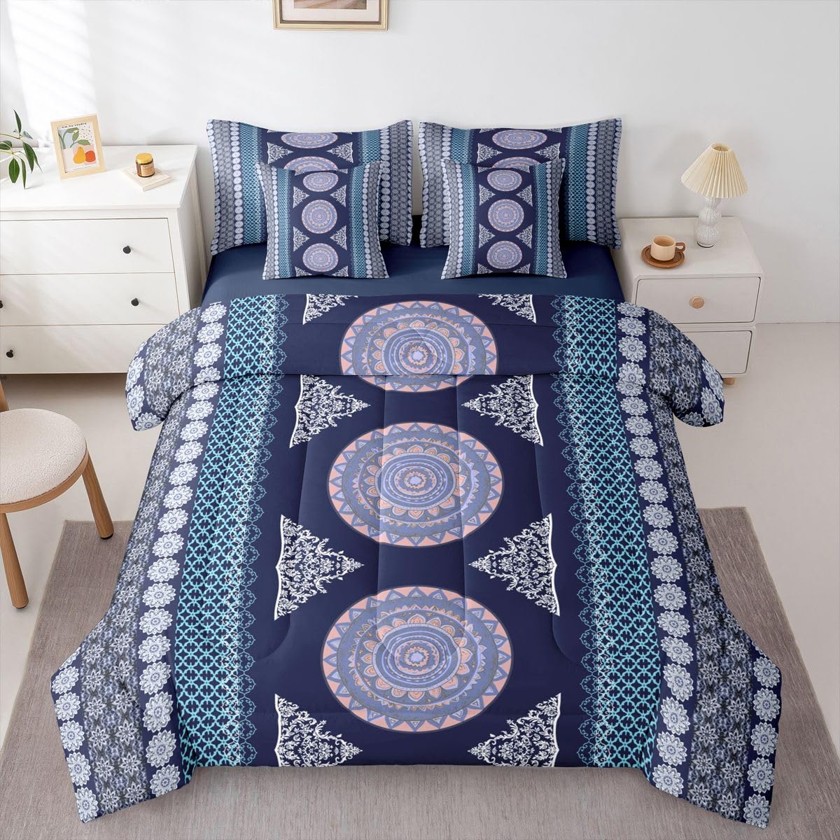 Bohemian Decor Boho Queen Comforter Set with Sheets,Paisley Flower Mandala 7-Piece Bedding Set Moroccan Medallion Aztec Bed in a Bag, Ethnic Tribal Exotic Striped European Style Bed Sets,Black Purple