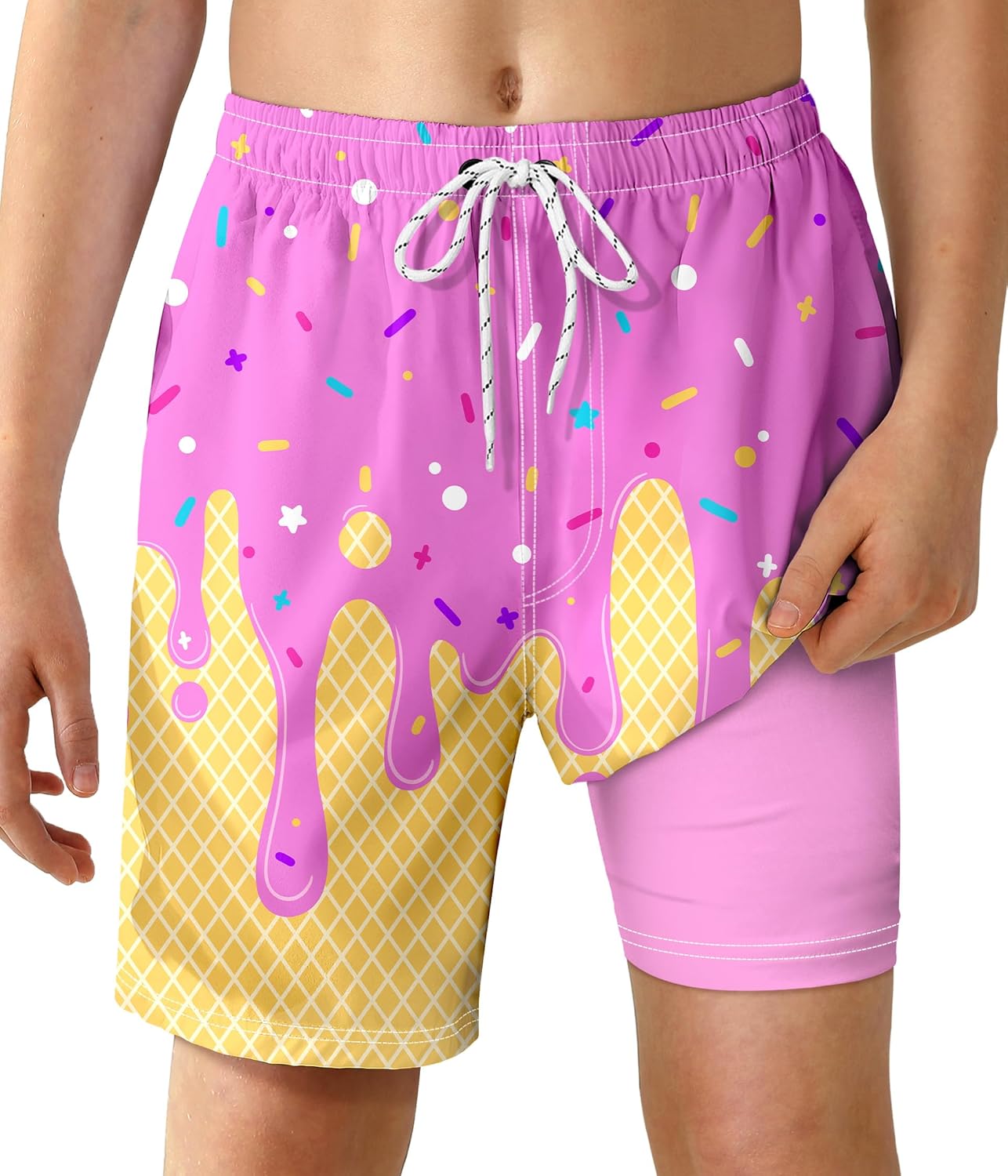 Boys Swim Trunks with Compression Liner Boys Quick Dry 2 in 1 Swim Shorts Summer Beach Shorts