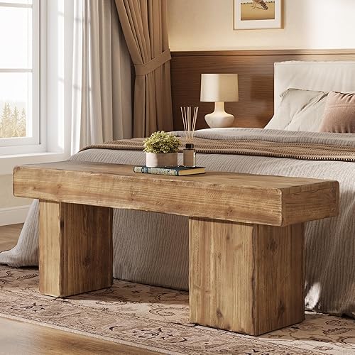 Banco de madera maciza gruesa, banco de entrada rústico de 47 pulgadas con patas artísticas, banco de comedor resistente para cocina, sala de estar,