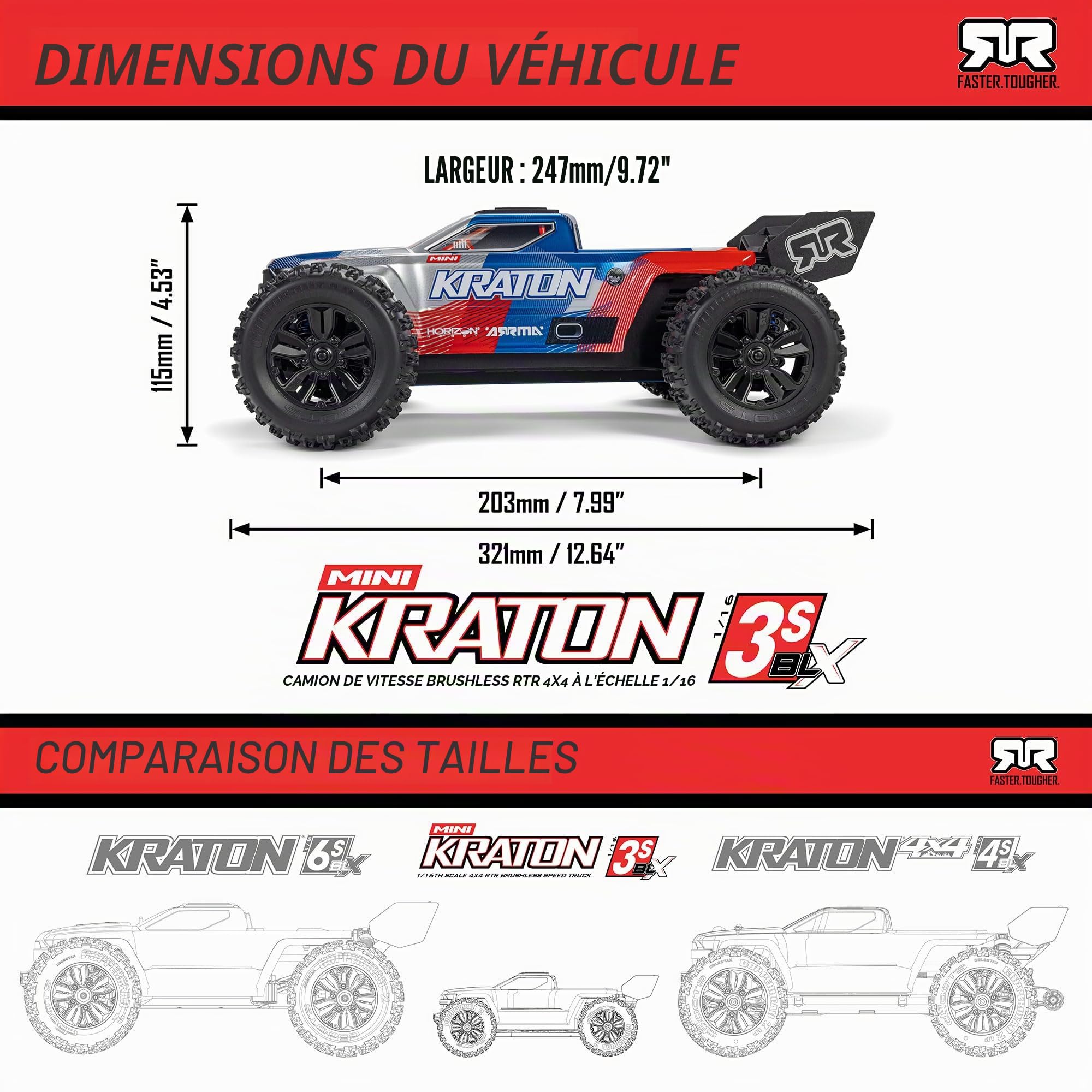 ARRMA Camion de Vitesse sans balais Kraton 3S DSC 4 x 4 RTR 1/16, Noir/Rouge, ARA2508T1 | Voiture télécommandée, batterie et chargeur non inclus ARA2508T1