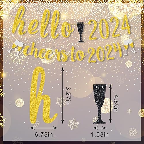 Miniatura 2 de Cartel de decoración con texto en inglés "Hello 2024" Feliz Año Nuevo con purpurina y texto en inglés "Cheers to 2024" Palabras de champán para
