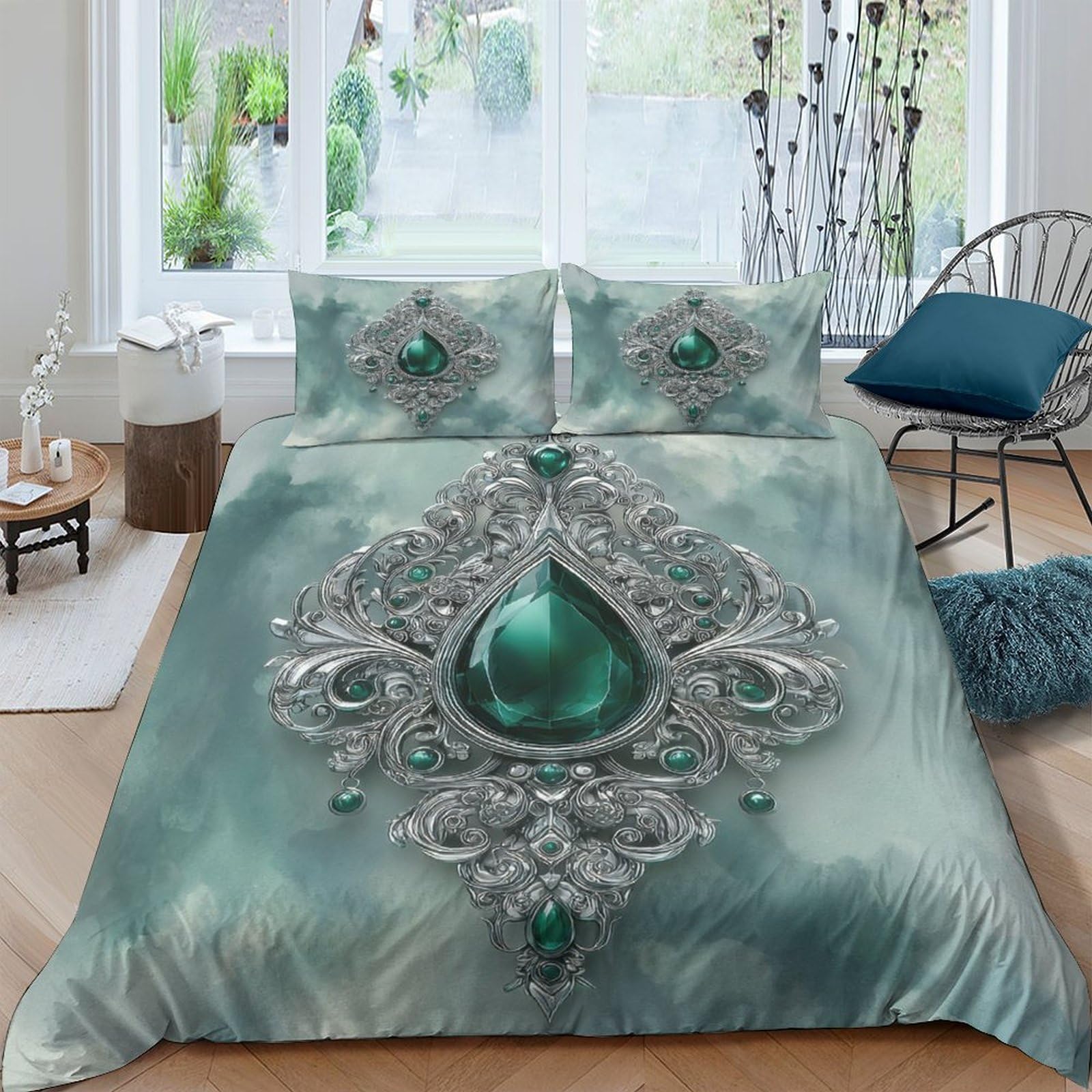 Ctjqhvkz Style-1 3D Printed Emerald Jewel Fitted Sheet Microfiber Soft Artistic Silver Baroque Mattress Cover For Bedroom Dorm Decor Single（135X200cm）