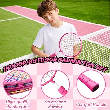 Kids Badminton Set, 1 Pair Kids Badminton Racket, Includes 2 Pink Rackets, 4 Shuttlecocks, 2 Ping Pong Balls and 1 Storage Bag, Kid and Teenager Friendly, Great for Indoor & Outdoor