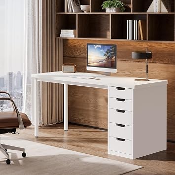 Tribesigns Modern Simple Computer Desk, 47 Inches PC Desk with 5 Reversible Drawers, Rustic Brown Study Writing Table Workstation for Home Office Small Spaces All White