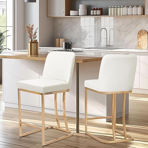 Miniatura 7 de Juego de 2 taburetes de bar de altura de mostrador de color blanco cremoso de 24 pulgadas, modernos taburetes de bar dorados con respaldo tapizado