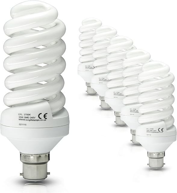 6 x 35w Energy Saving Spiral Light Bulb Warm White 175w Equivalent Very Bright, Bayonet Cap B22, New Advanced T3 Technology Instant Light