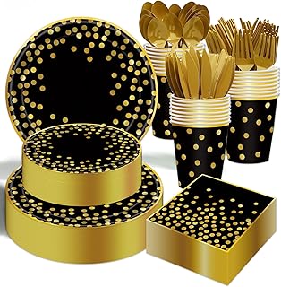 350PCS Black and Gold Paper Plates Party Supplies for 50 Guests Disposable Party Decorations Dinnerware Golden Dot Black Paper Plates Napkins Cups Gold Plastic Forks Knives Spoons for Parties