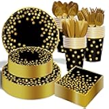 350PCS Black and Gold Paper Plates Party Supplies for 50 Guests Disposable Party Decorations Dinnerware Golden Dot Black Paper Plates Napkins Cups Gold Plastic Forks Knives Spoons for Parties