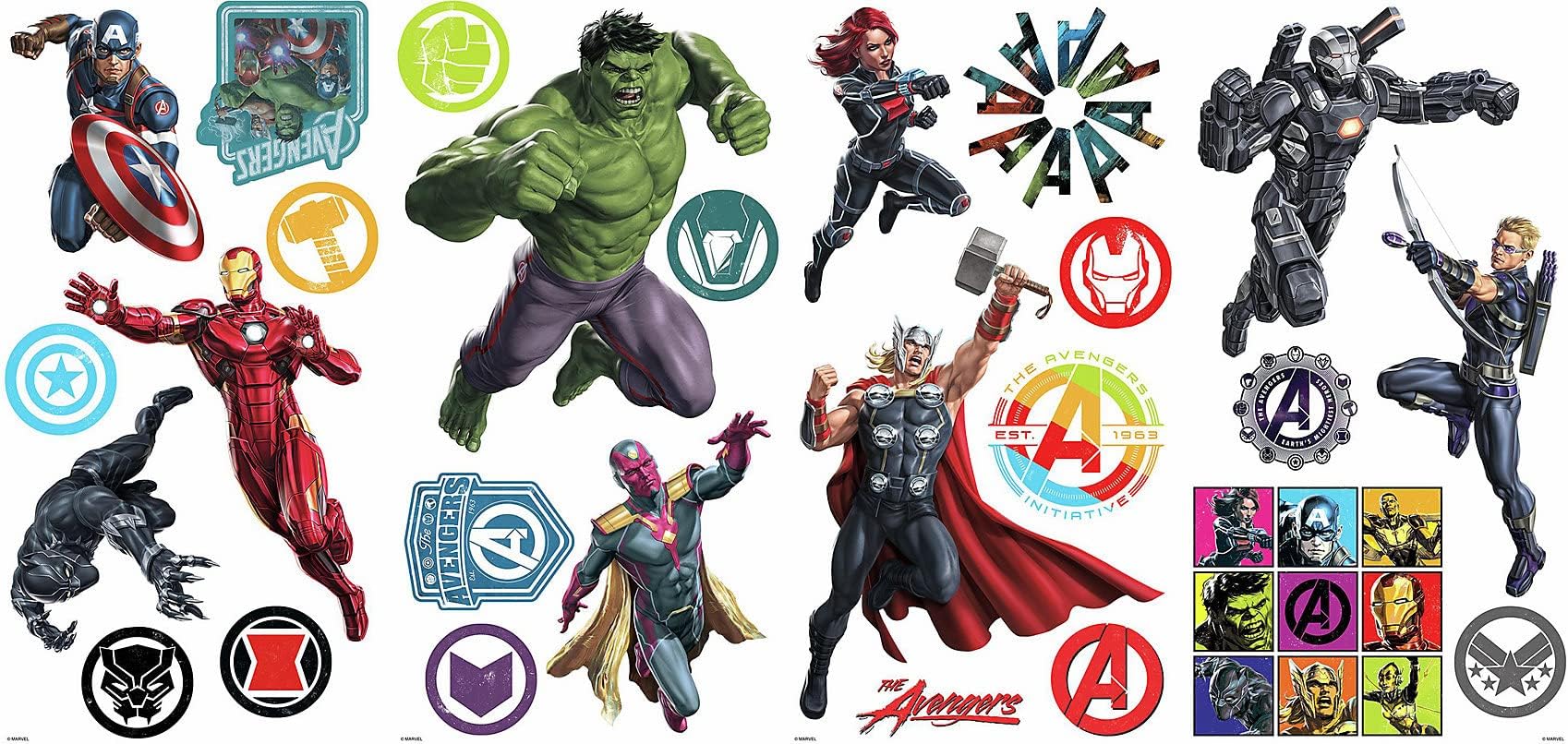 RoomMates RMK4289SCS Classic Avengers Peel and Stick Wall Decals, 26, Red, Green, Blue, Black, Purple, Yellow, 6.22 cm. 6.22 cm by 21.87 cm. 26.52 cm