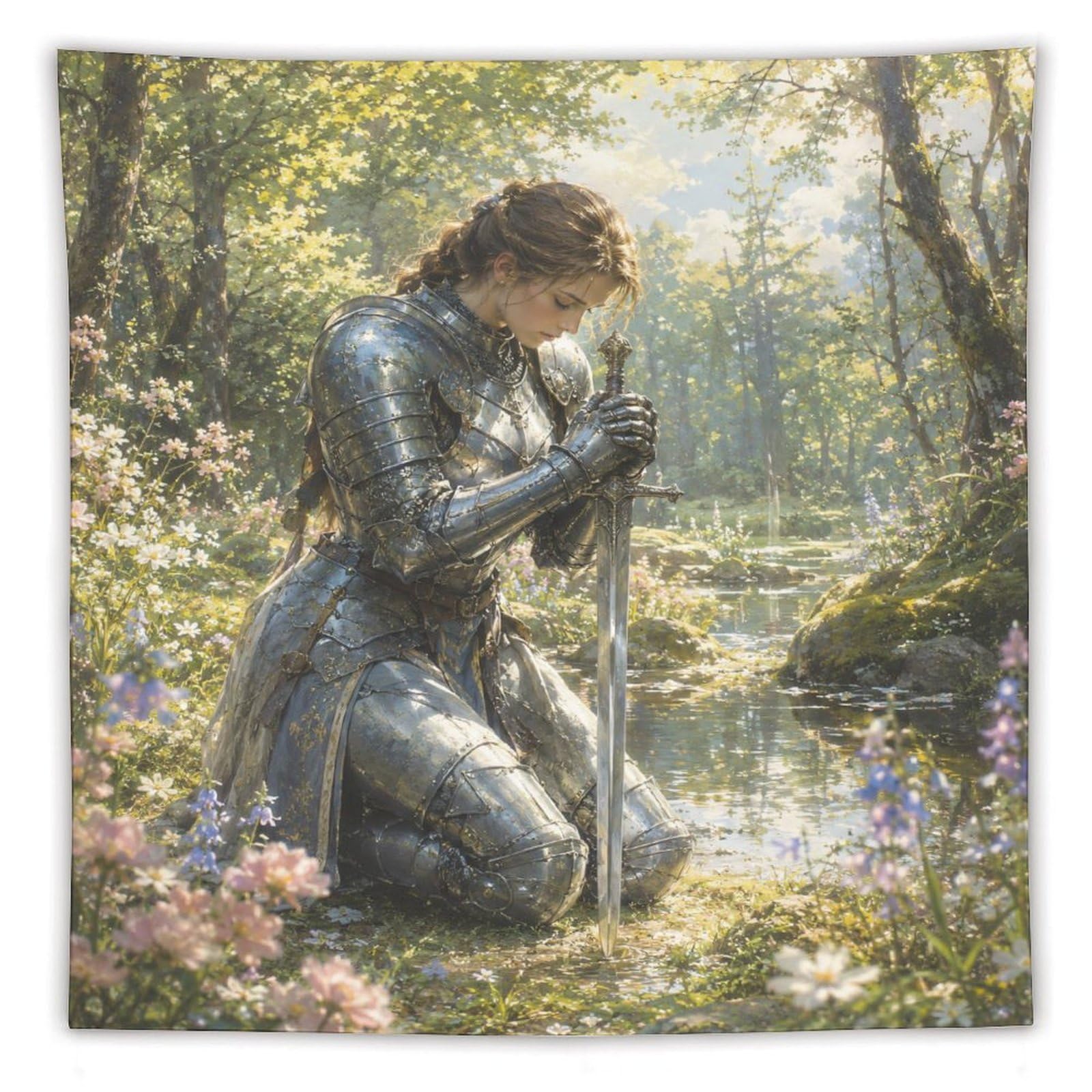 W7C8U2X3 Medieval Female Knight Floral Wall Tapestry, Heroic Sword
