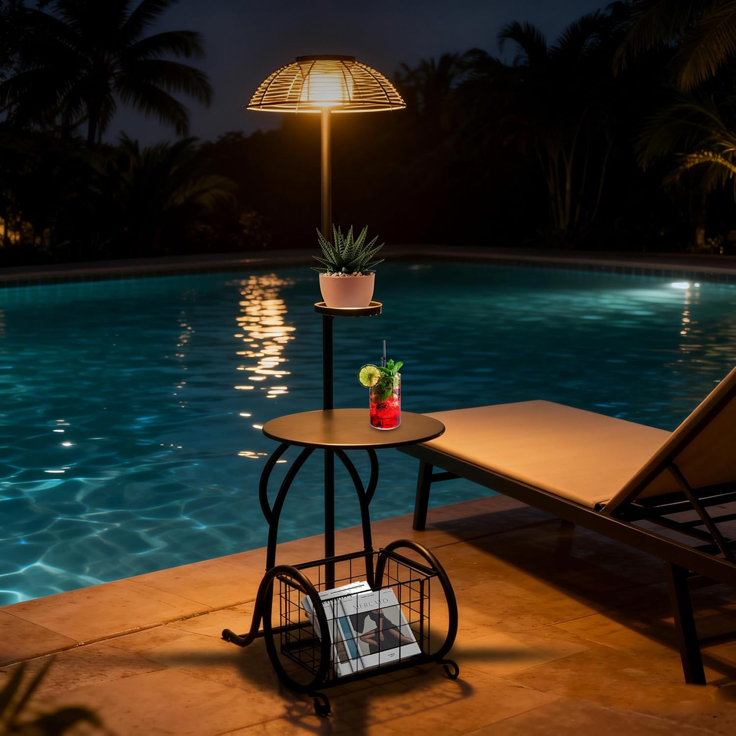 Solar Outdoor Side Table Black with Light 52.5 Inch Height Solar Powered Light Waterproof Patio Table Decorative Metal Planter Stand for Indoor Outdoor Decorative Light for Poolside Backyard Porch