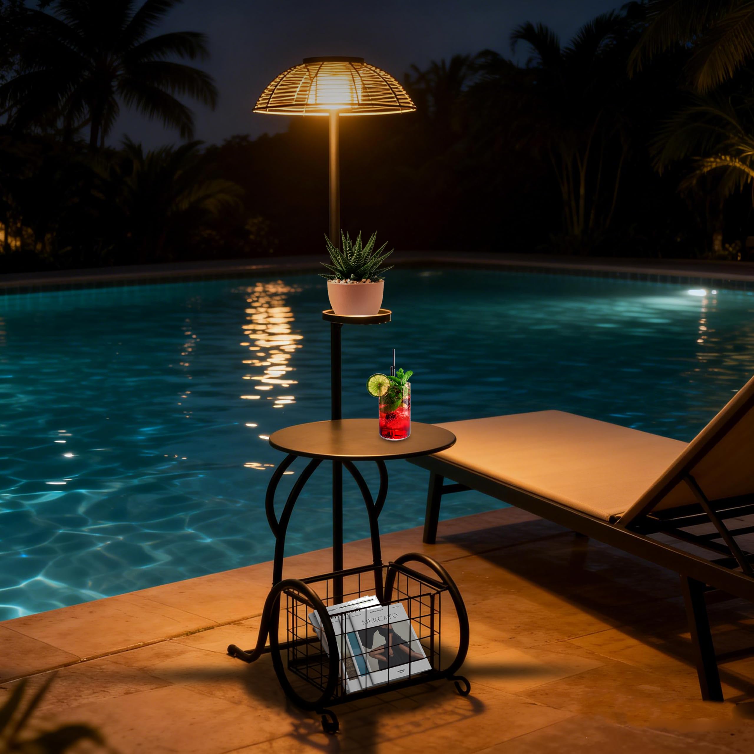 Solar Outdoor Side Table Black with Light 52.5 Inch Height Solar Powered Light Waterproof Patio Table Decorative Metal Planter Stand for Indoor