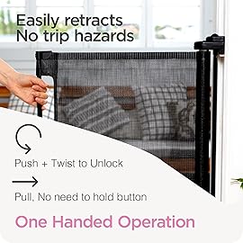 Retractable Baby Gate Perma Child Safety 33 Tall x 71 Wide, Mesh, for Stairs, Doorways, Dogs, Pets, Indoor, Outdoor, One-Handed Operation, Locking, Easy Install, Hardware Mount, Black