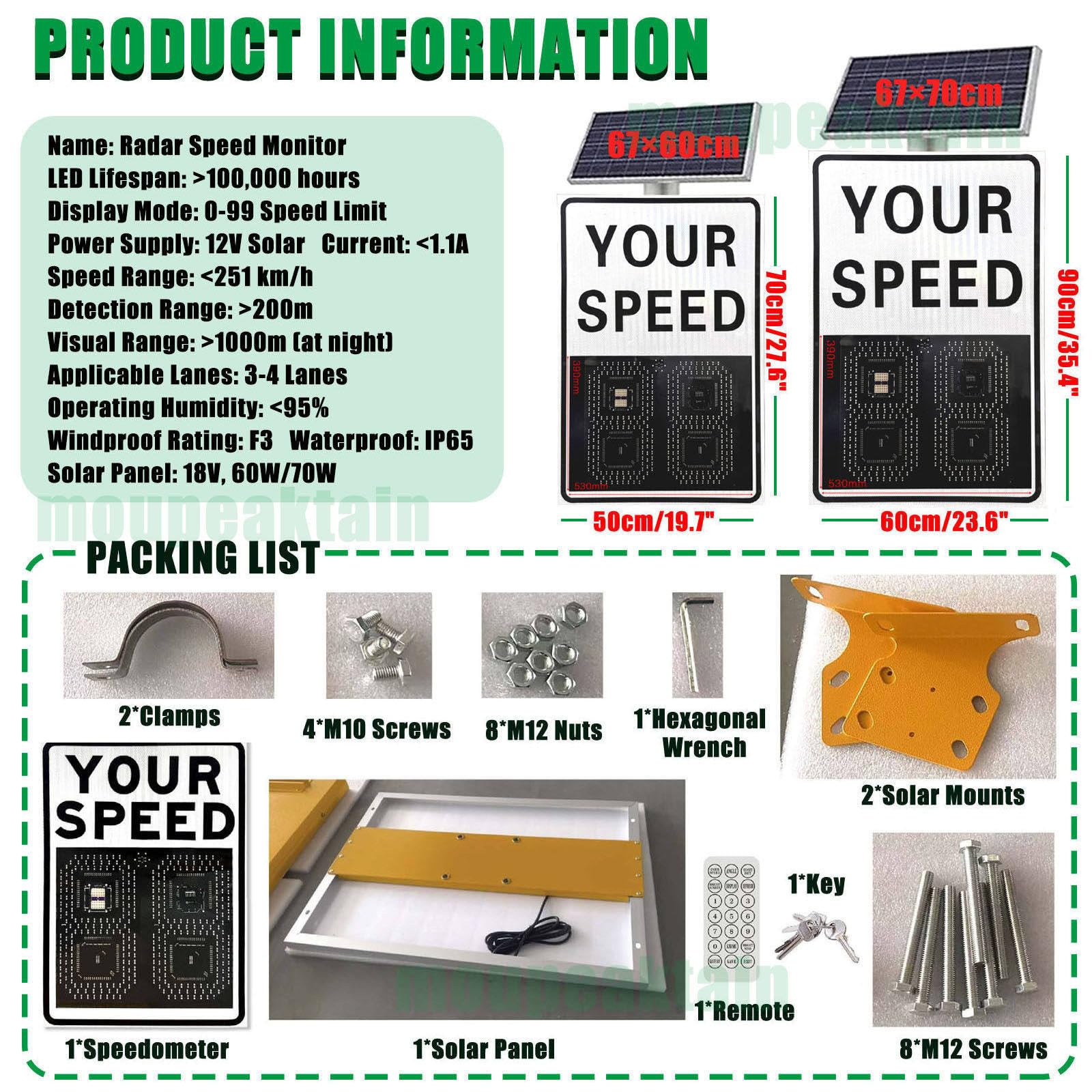 Señales de velocidad de radar para seguridad vial, detector de límite de velocidad con retroalimentación instantánea, tablero de visualización de aluminio con control remoto, 20 x 27 pulgadas
