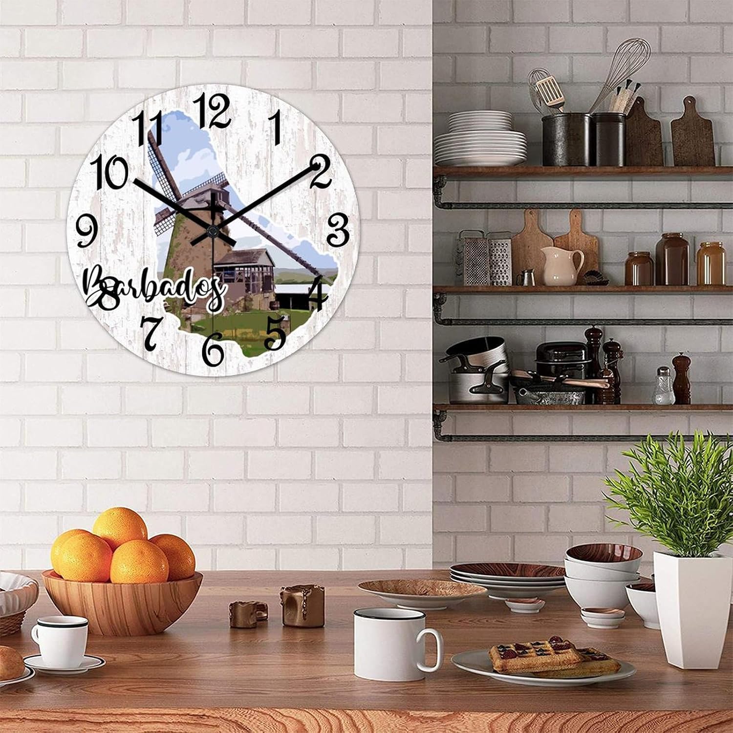 Barbados Landmark Landscape Wood Wall Clock Barbados Map Numeral Clocks 12in Silent Non-Ticking Battery Operated Funny Round Wall Clock Decoration for Home Living Room Bedroom