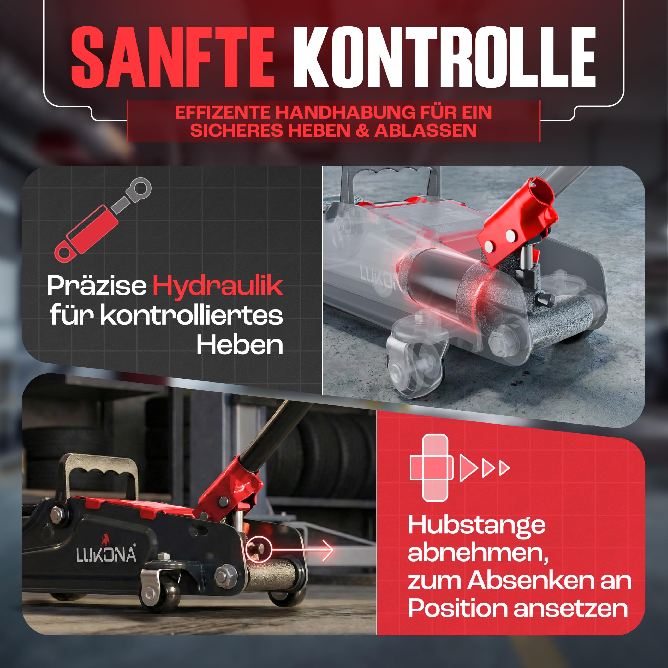 Hydraulischer Wagenheber 2,5T (85–385 mm) – Extra Tragegriff & Handschuhe – Rangierwagenheber für PKW, Auto (Rot)