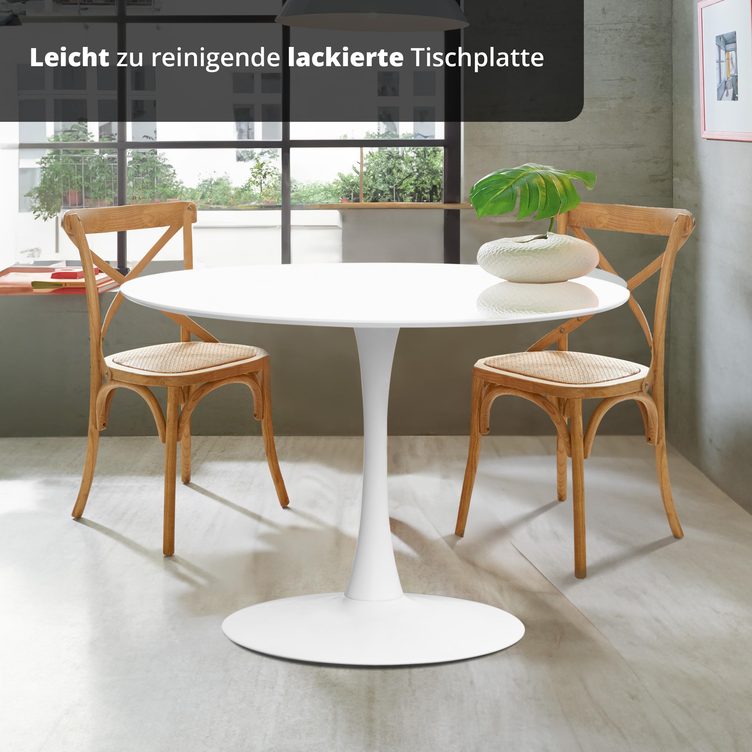 KHG Esstisch, Küchentisch Rund 110 cm Durchmesser, Weiß lackiert, für 6 Personen, 75 cm Höhe, Tisch für Wohnzimmer, Küche, Büro, minimalistisches Design
