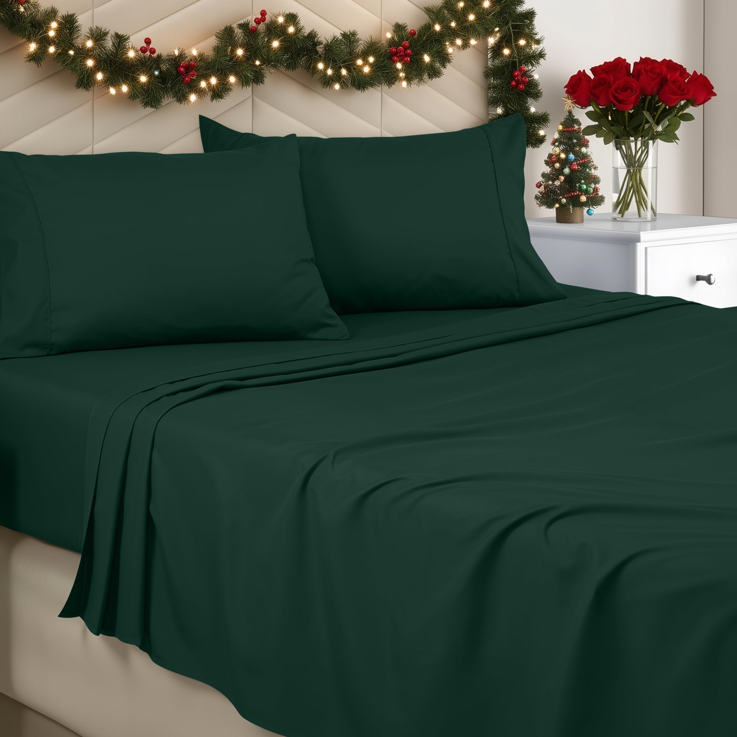 Bedding Queen Sheet Set - Brushed Microfiber - Soft Bed Sheets for Queen Size Bed Set - Includes 1 Fitted, 1 Flat, & 2 Pillow Cases - Deep Pocket (Emerald)