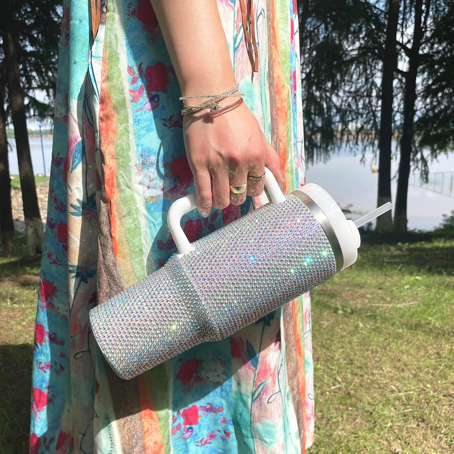 40oz Bling Tumbler with Handle and Straw Lid Rhinestone Studded Tumbler Cups Vacuum Insulated Stainless Steel Double Wall Water Bottle Travel Mug Gifts for Women Her (Polar Light) - Image 6