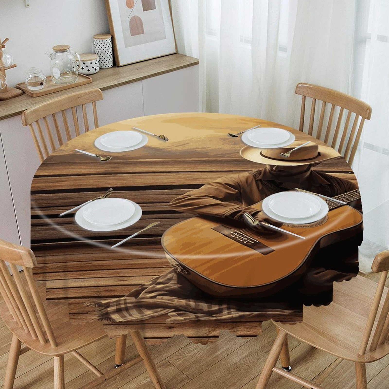 VstaDank Western Music Round Tablecloth 60 Inch Easy to Clean Circle Table Cover Thick Decorative Round Polyester Table Cloth for Dining Kitchen Party Farmhouse Outdoor