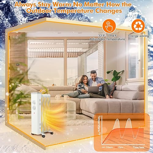 Miniatura 3 de PETSITE Calentador de radiador lleno de aceite de 1500 W, calentador eléctrico portátil con termostato ajustable, 3 ajustes de calor, protección