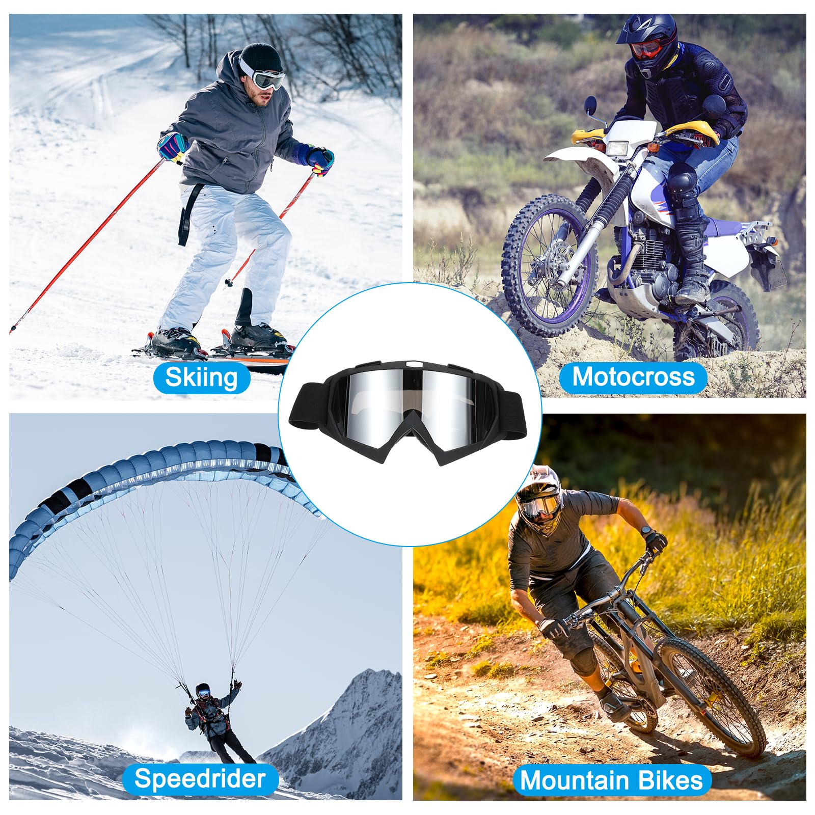 PATIKIL Occhiali Moto Cross, 2Pz Occhiali Moto, Occhiali ATV, Occhiali Sci, Occhiali Casco Corsa, Antivento per Alpinismo, Paracadutismo, Sci, Equitazione, Nero Opaco con Lenti Argento