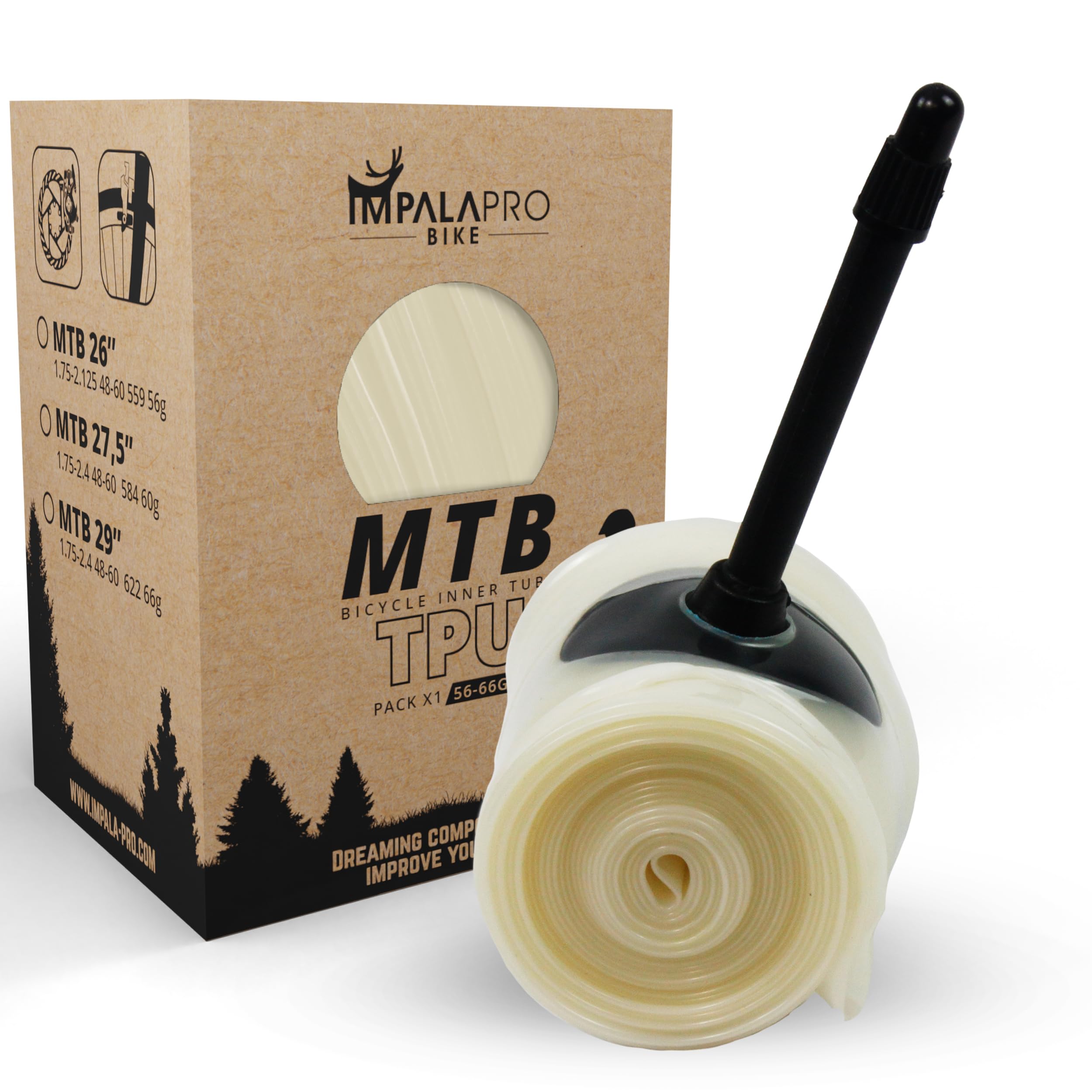 IMPALAPRO TPU Inner Tube for MTB - Ultralight TPU Bicycle Tubes (56-66g) - Compatible 26", 27.5" & 29 Inch MTB Inner Tube (1.75-2.4") - Presta Valve