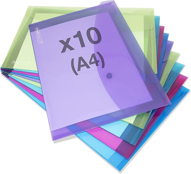 Rapesco 1665 Popper Wallets, A4+ / Foolscap, Assorted Transparent Colours, Pack of 10