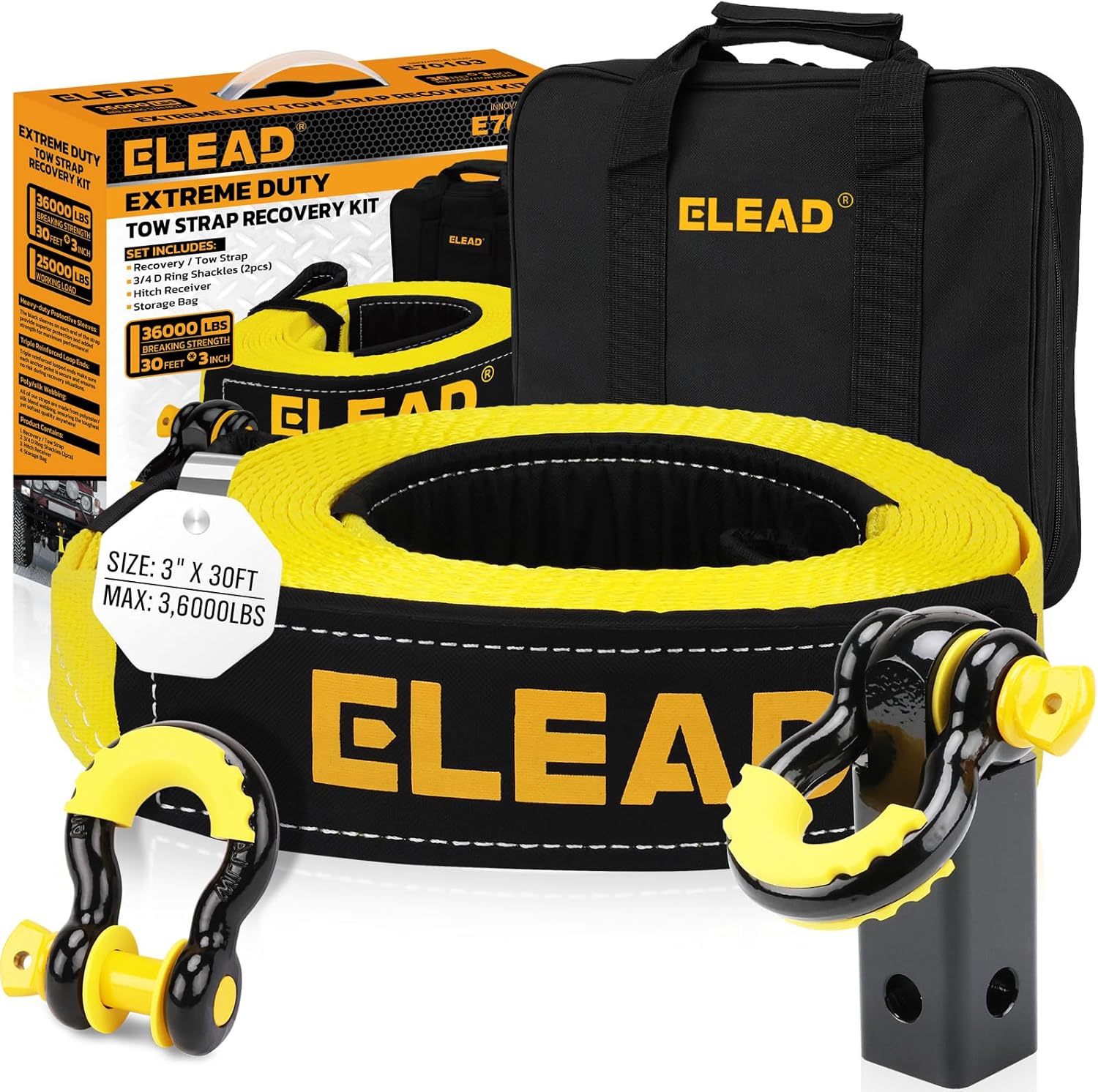 ELEAD Heavy Duty Recovery Tow Strap Kit 3x30ft 36K LB Break Strength with Hooks, Shackles & Hitch Receiver for Trucks SUVs ATVs