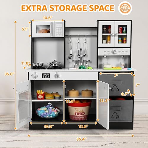 Miniatura 2 de Arlopu Cocina de juego para niños, cocina de juguete de simulación de madera, juego grande de cocina con utensilios de cocina, estufa con luz y