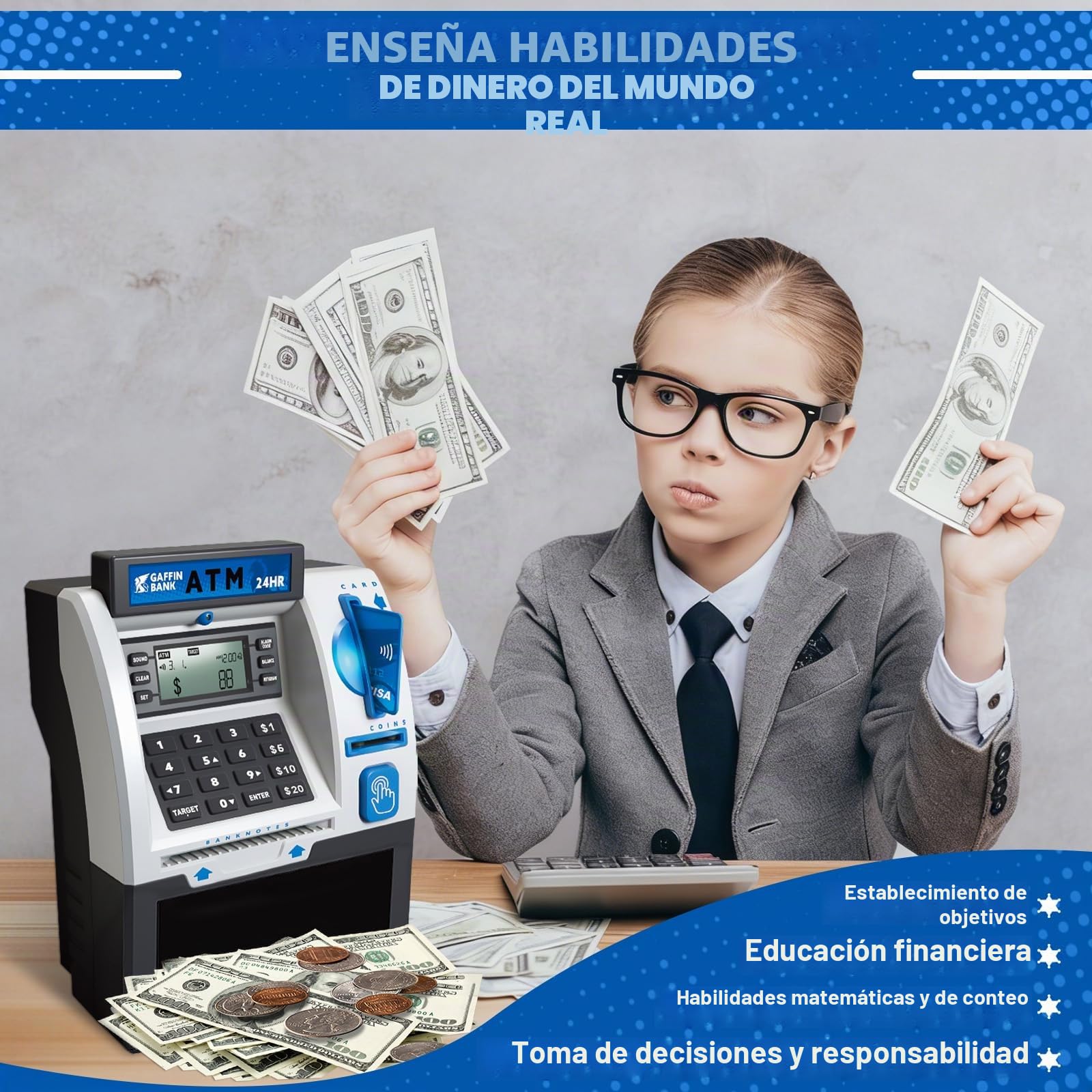 Roadtime ATM Hucha, Mini Cerdo ATM, Caja de Ahorro para Monedas y Billetes, Cofre Reutilizable, Guardacambios con Tarjeta de Débito, Caja de Ahorro Inteligente con Contraseña