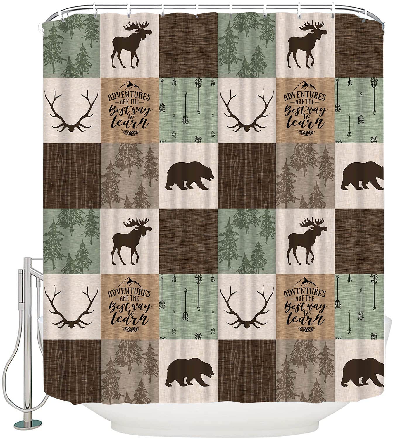 Rustic Shower Curtain,Bear Moose Patchwork Green,Waterproof Bath Curtain for Bathroom,Adventure Life Quick Dry Bathtub Curtains Machine Washable Home Accessories 72''X72''