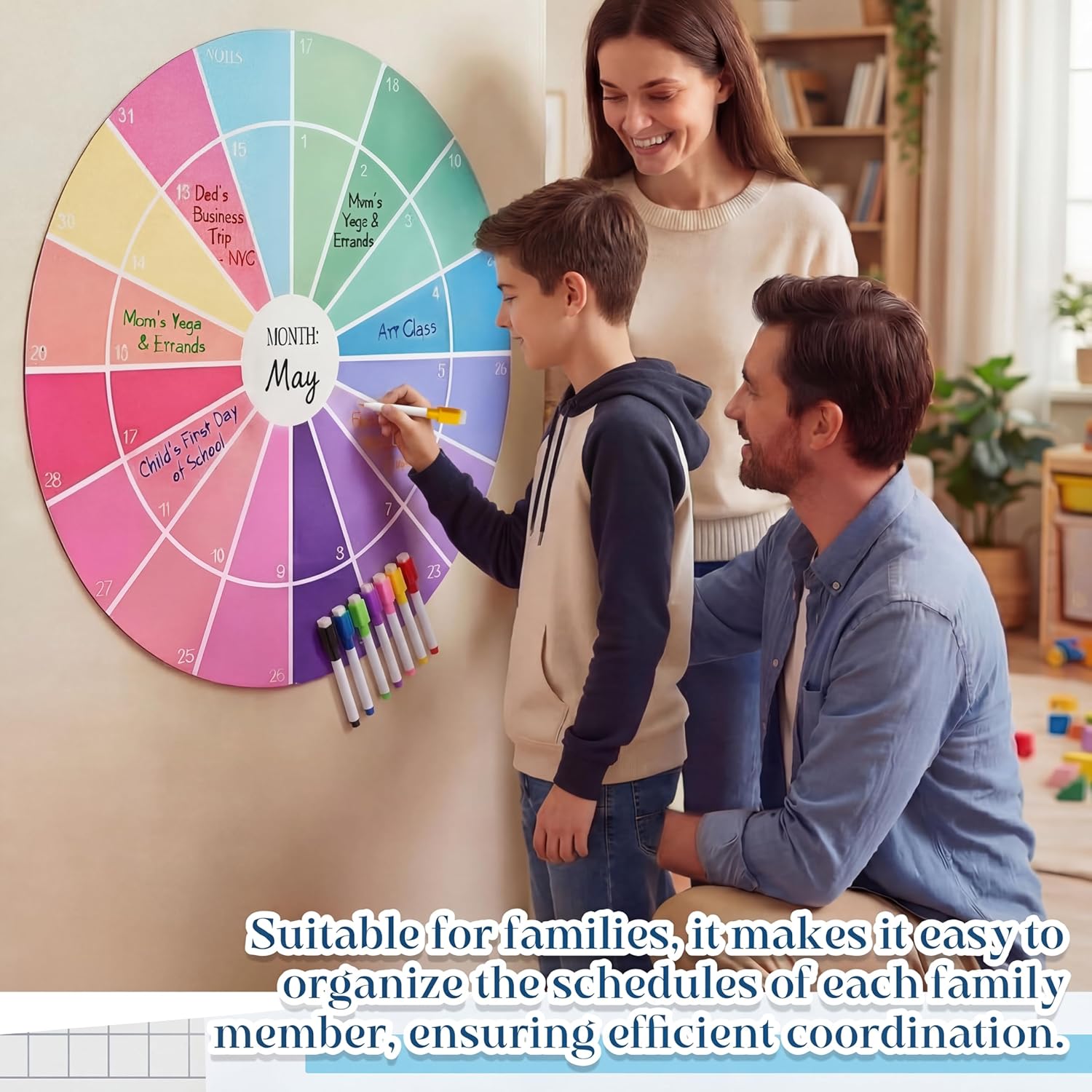 Round Magnetic Dry Erase Calendar for Wall, 27.5×27.5 Inch Monthly Whiteboard with 8 Colored Markers, Reusable Circular Planner for Home Office Classroom Kitchen – Panoramic Layout, No Date Limits