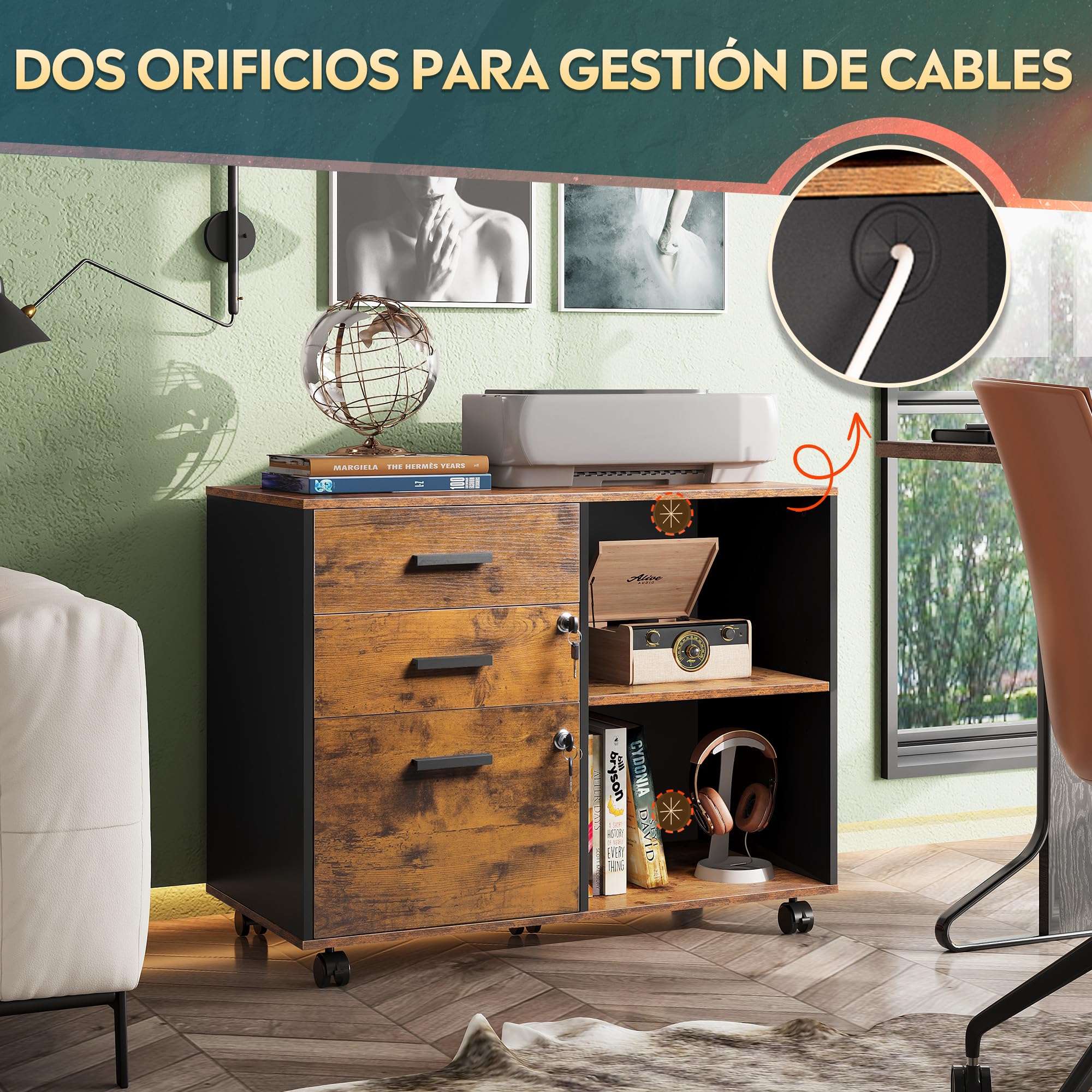 DEVAISE Carro Archivo 3 Cajones con Tablero Madera, Mueble para Impresora Diseño Retro, Marrón