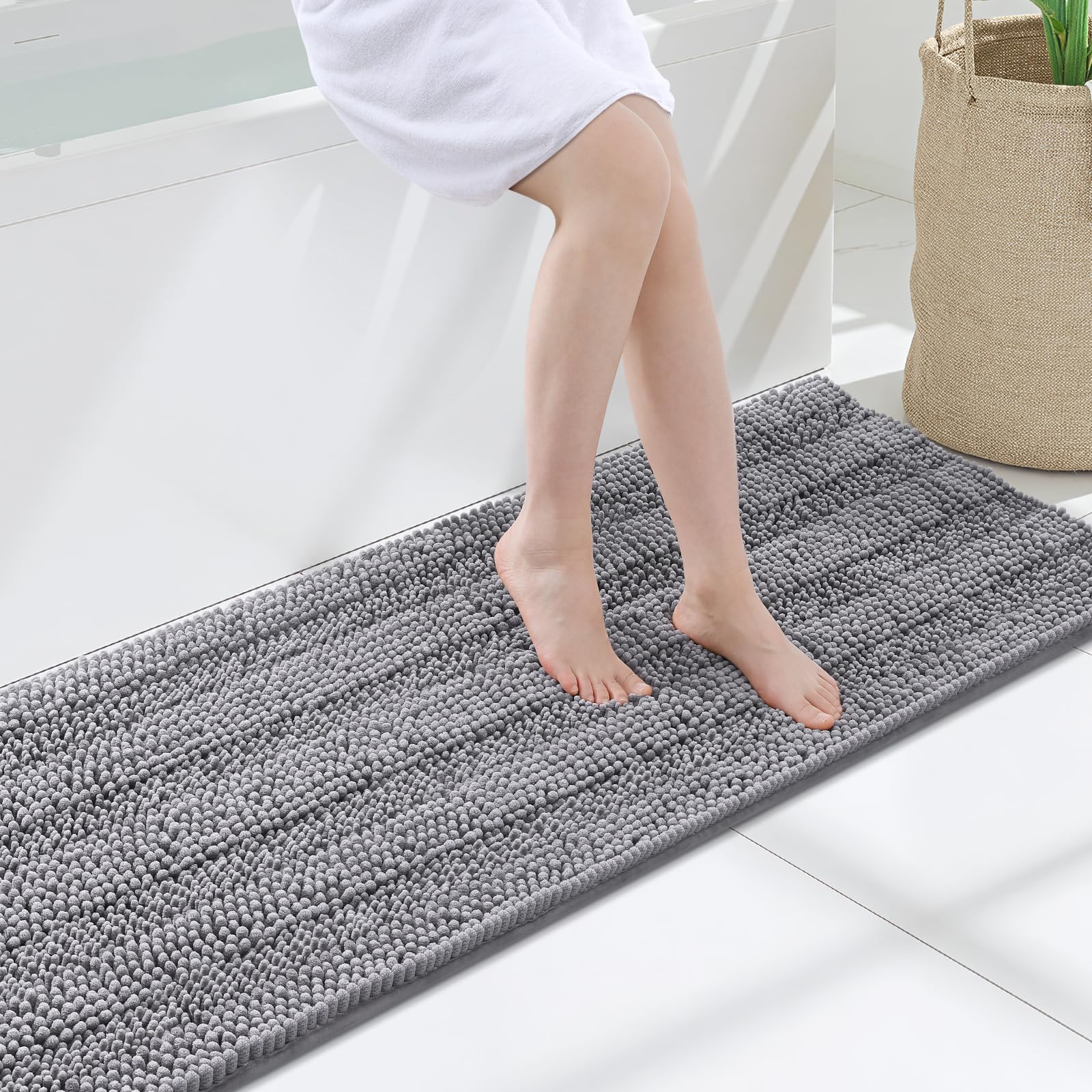 Grandaily Chenille Bathroom Rugs 47x17, Soft Absorbent Bath Mats, Grey