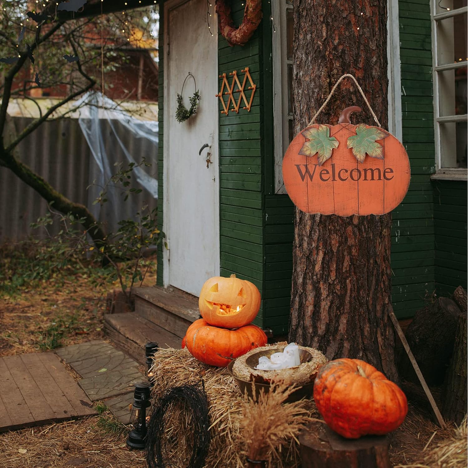 Wooden Pumpkin Welcome Sign Hanging Fall Front Door Decor Rustic Wood Autumn Decoration Decorative Flat Pumpkin Indoor Outdoor Home Decor for Harvest Halloween Thanksgiving (Large)