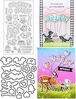 Vista 1 de Hooray Happy BIRTHAY - Juego de sellos y troqueles para hacer tarjetas, sellos transparentes y troqueles de corte de metal para álbumes de recortes