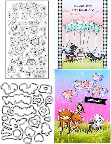 Hooray Happy BIRTHAY - Juego de sellos y troqueles para hacer tarjetas, sellos transparentes y troqueles de corte de metal para álbumes de recortes,