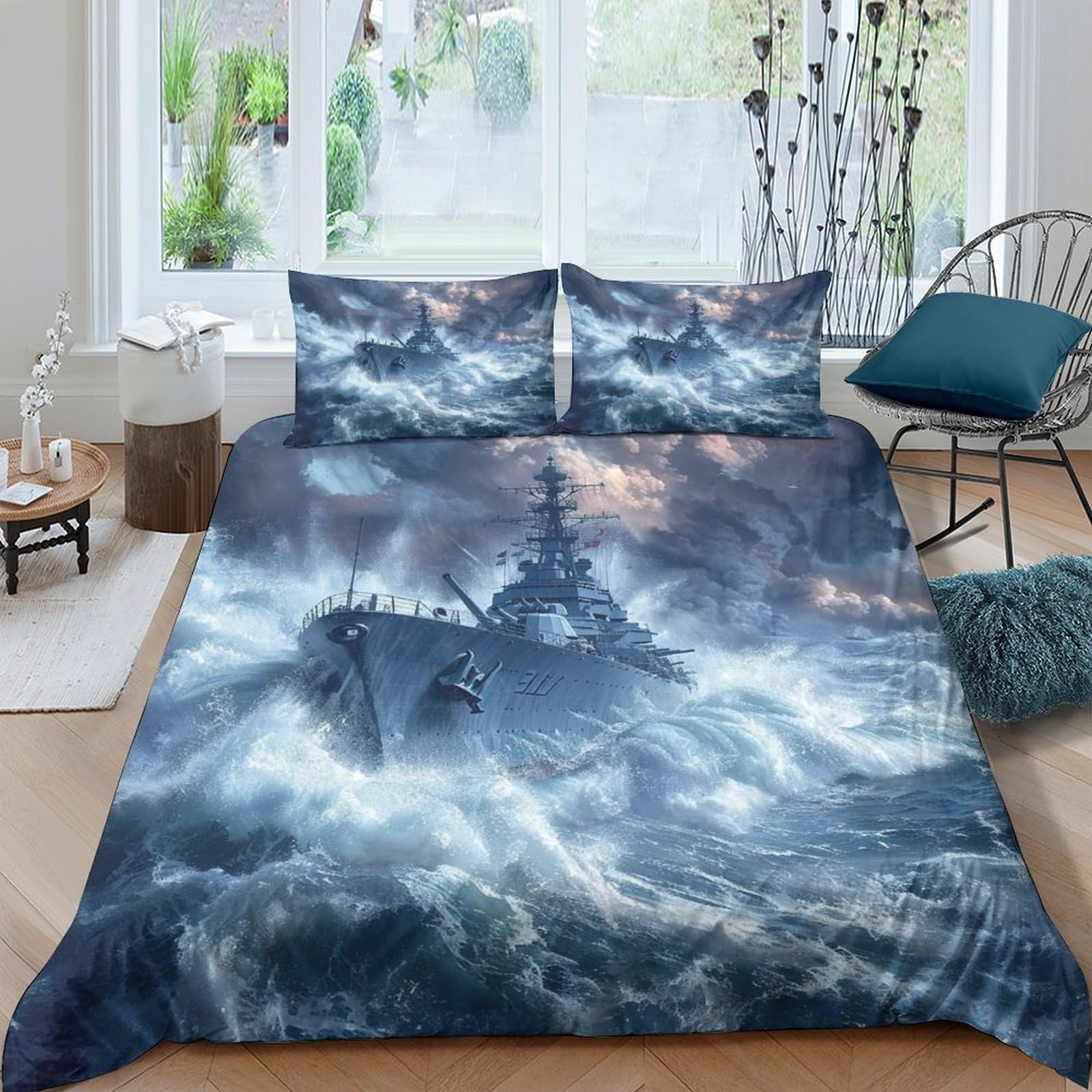 Ctjqhvkz Style-5 3D Printed Stormy Ocean Fitted Sheet Microfiber Soft Navy Ship Bed Cover Anti-Slip Bedroom Decor For Home Dorm Guest Room Single（135X200cm）