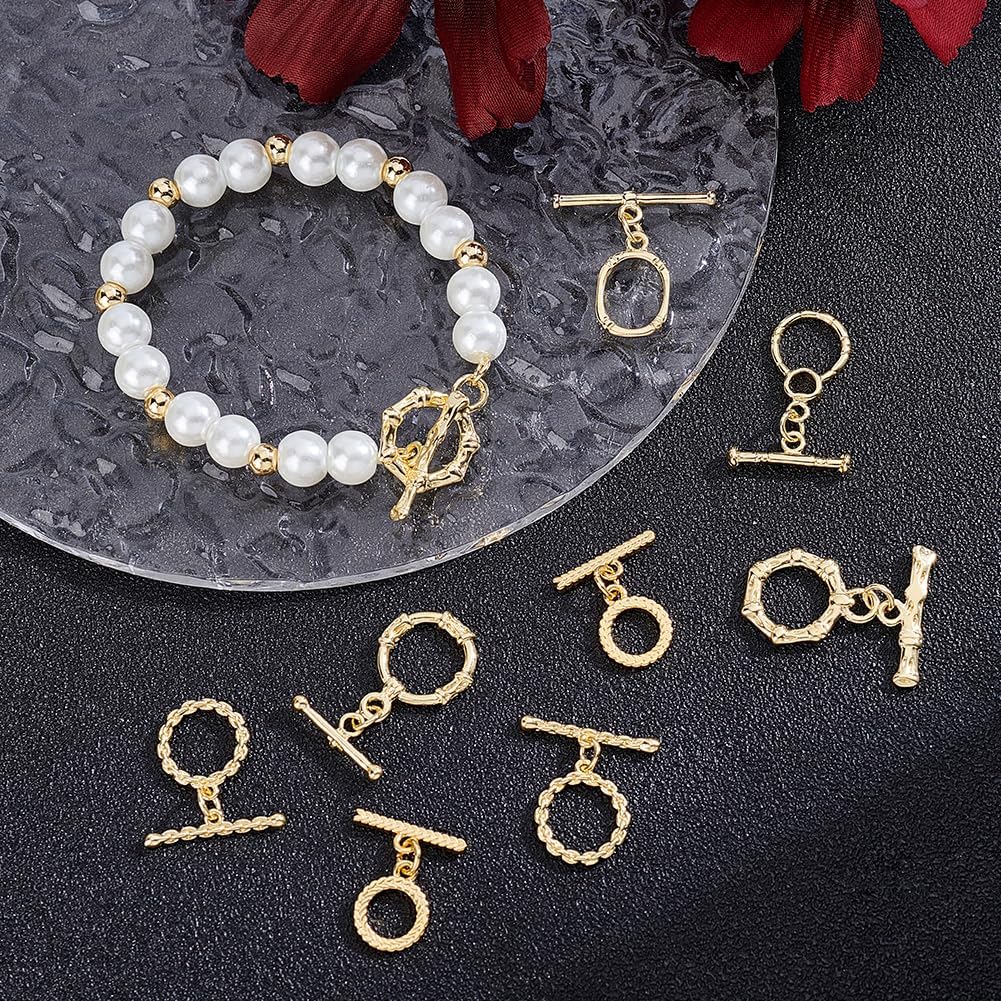 Beebeecraft 12 Sets Toggle Clasps 18K Gold Plated Brass Oval Twister Bamboo T Bar OT Clasps Connectors Round Ring Clasp for Jewelry Making Necklace Bracelet DIY Craft Accessories Supplies