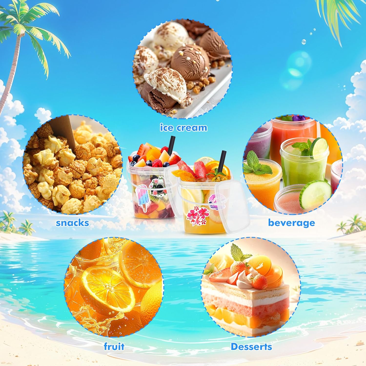 30 Pcs Drink Buckets with Lids and Straws 32 oz Square Rum Plastic Clear Coffee Lemonade Drinking Cocktail Bucket Cups with Lid 50 Summer Stickers for Pool Picnic Party
