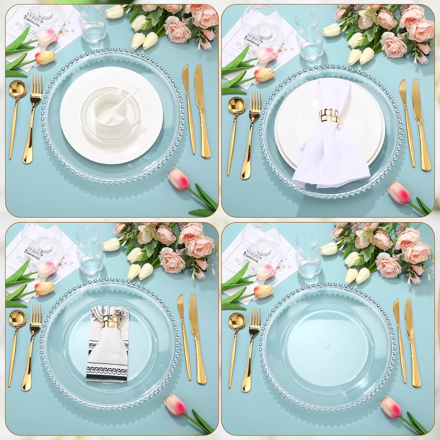 Hoolerry 50 Pcs Clear Charger Plates Bulk 13 Inch Plastic Round Dinner Plate with Beaded Rim Acrylic Round Plates Decorative Charger Service for Home Birthday Wedding Party Events Table Decor