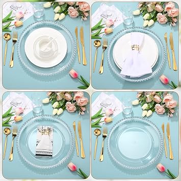 Hoolerry 50 Pcs Clear Charger Plates Bulk 13 Inch Plastic Round Dinner Plate with Beaded Rim Acrylic Round Plates Decorative Charger Service for Home Birthday Wedding Party Events Table Decor