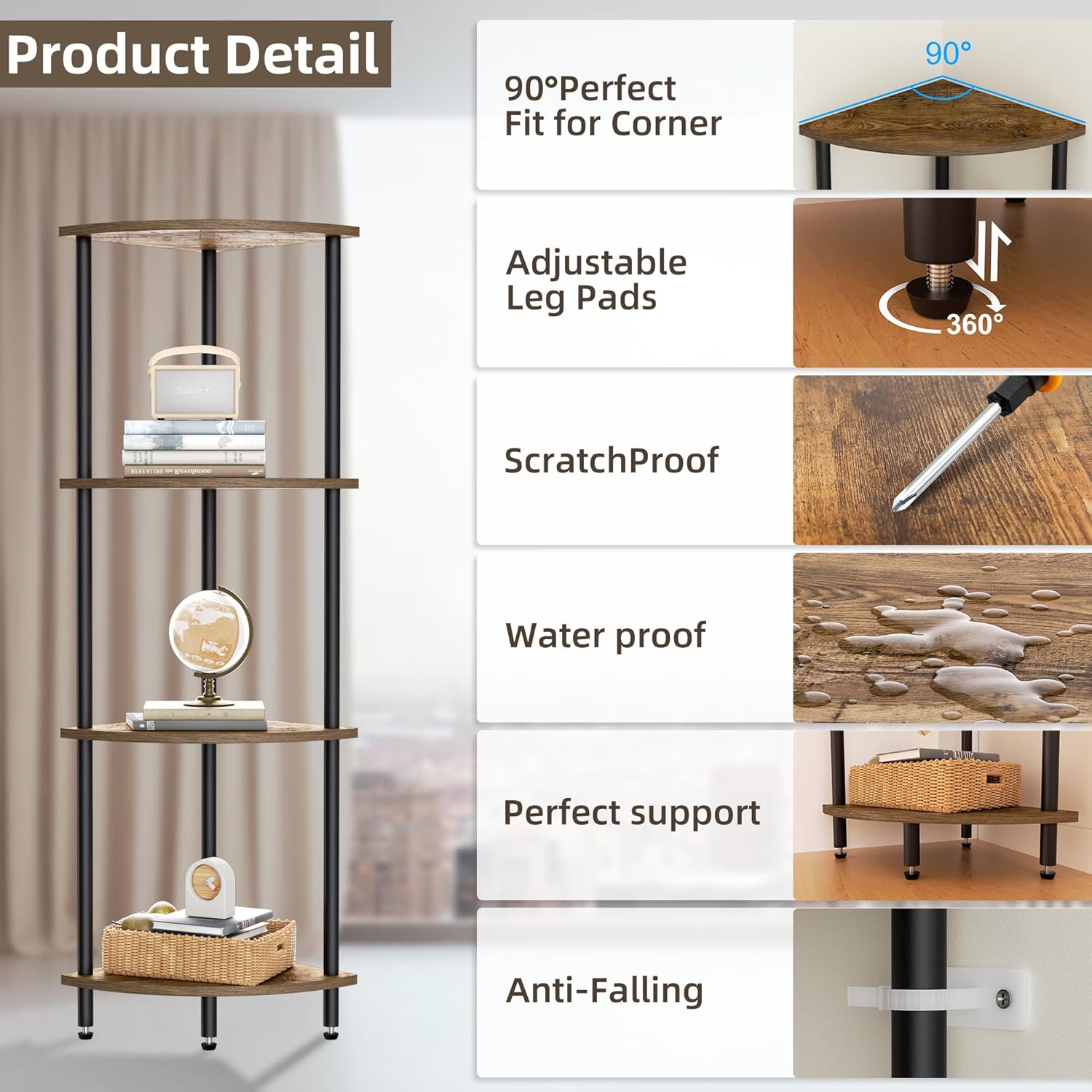 4 Tier Corner Shelf, Bookcase for Small Spaces, Corner Display Shelf, Plant Stand, Rustic Brown and Black,Suitable for Bedroom,Living Room,Kitchen