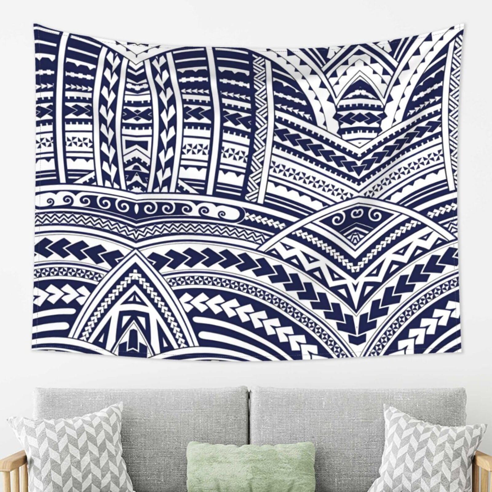 LPLSNWS Blue Polynesian Maori Tribal Pattern Wall Tapestry for Living Room, 80x60 Inches, Horizontal Style