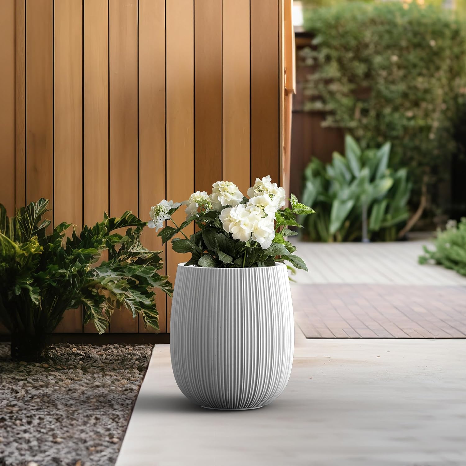 Kante 12.6" Dia x 14.6" H Dia Round Concrete Planter, Streamlined Fluted Large Plant Pot with Drainage Hole and Rubber Plug for Home, Patio, Garden, White Finish with Painted Interior