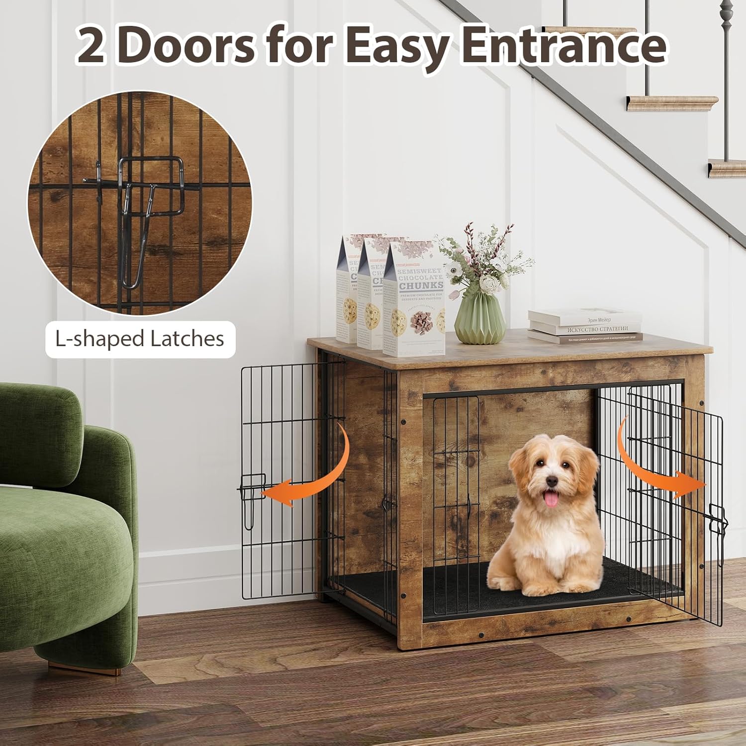 Giantex Dog Crate Furniture with Cushion - 33" L Indoor Dog Kennel with Double Doors, Left or Right Side Door, Wooden Dog Cage Pet House Side End Table for Medium Dogs, up to 45 lbs, Rustic Brown